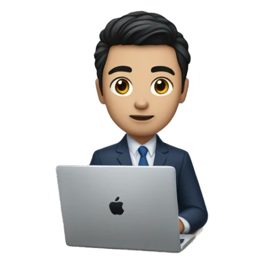 memoji of a young man with a laptop in front, apple-style, on laptop with a blue sticker with 4 letters: "WYZE", modern, dark hair, dark blue suit, computer in hand, chinese skin, sitting on this desk sticker