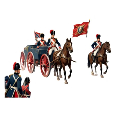 A vintage movie poster-style design depicting a dramatic Napoleonic War scene. Include soldiers in period uniforms, cannons, and a battlefield with flags and horses. The background should evoke a sense of battle and history, with old-fashioned cinematic flair. Transparent background. sticker
