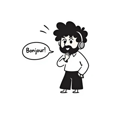 Anime-style character saying "Bonjour!", with black hair, brown eyes, black beard, wearing gaming headphones, Japanese animation style sticker