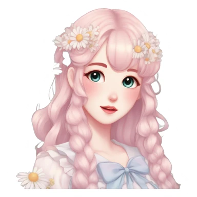 Gorgeous pastel anime style lady with blushing face and daisies cottagecore fairycore pastelcore colorful pearly romantic simplistic aesthetic trending style sticker