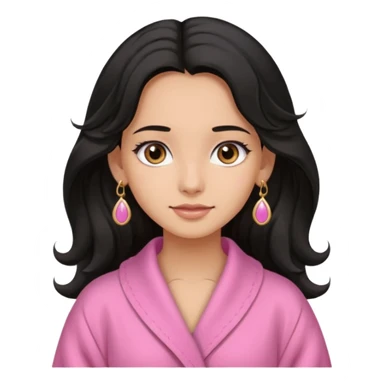 A girl who has long wavy black hair, has slightly tan skin tone, wering a pink robe, has pale brown eyes, wearing cute earring sticker