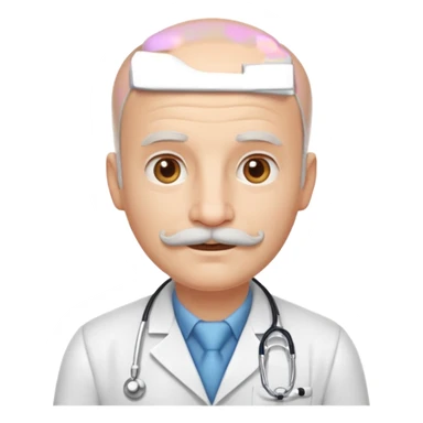 doctor emoji, friendly, white mustache, advanced baldness, kind expression sticker