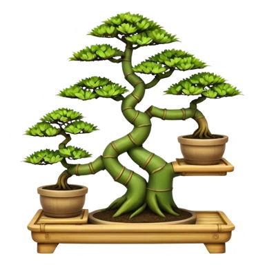 Three tiered bonsai planters stand, shelving holding six specimens,made of inch thick bamboo  sticker