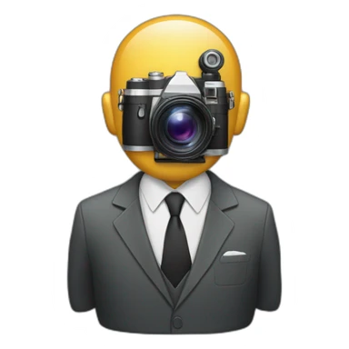 Man in a suit with film camera for a head sticker