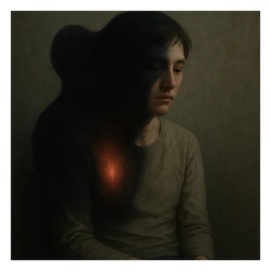 A person sitting in a dimly lit space, with a dark or glowing shape representing a symptom such as pain, fatigue, or anxiety merging into their chest or head. The person's expression is neutral or resigned, showing passive acceptance. The symptom appears as a shadow or second skin, wrapped around part of their body. The background is minimal and introspective. The style is surreal, conceptual, emotionally expressive with soft shadows and moody light, hyperrealistic 4K. sticker