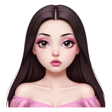 girl with white skin, dark brown long straight hair with middle part falling in front of her body, very big pouty extra shiny lips with absolutely no cupid's bow, big round shiny eyes with black eyeballs and huge eyelashes, lighter button nose, very long oval-shaped face, wearing a pink off-shoulder top, looking directly at camera with hands down at sides sticker