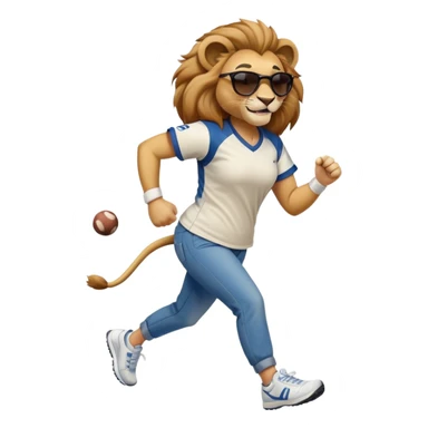 confident anthropomorphised female lion wearing a baseball shirt, jeans, trainers, dark sunglasses, jogging with a smile sticker