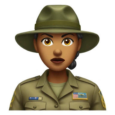 a female drill sergeant character wearing a classic sergeant hat and a camouflage army shirt. The character should have an angry intense expression. full torso sticker
