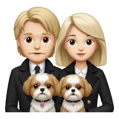 A couple boy with nice hair  and beautiful girl with long dark blond hair and with two shih tzu dogs with  black and white coat sticker