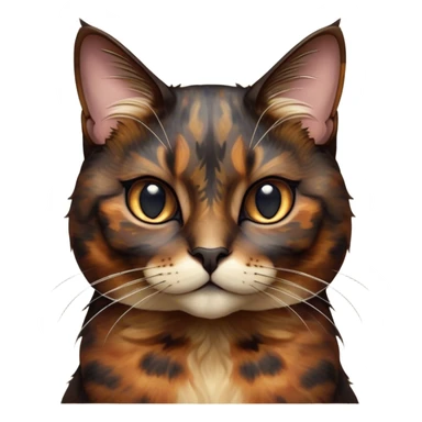Cinematic Noble Tortoiseshell Cat Portrait Emoji, Poised and dignified, showcasing a luxurious, mottled fur of rich browns and blacks, with elegantly arched whiskers and a determined yet gentle expression, simplified yet meticulously detailed, glowing with a subtle, regal radiance, high shine, embodying quiet nobility and refined charm, soft glowing outline, capturing the essence of a sophisticated tortoiseshell cat exuding quiet authority! sticker