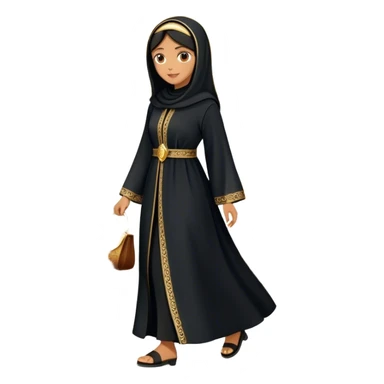 Middle Eastern cultural scene, featuring a young woman dressed in a traditional black abaya with gold accents, walking out of an old-style handcrafted shoe shop. sticker