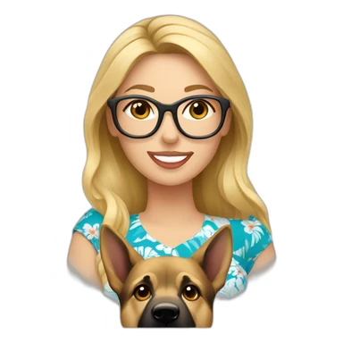 blonde caucasian woman wearing glasses in hawaiian shirt with german shepherd sticker