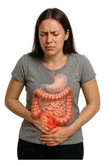 DONNA CON INTESTINO UMANO ANATOMICO IN EVIDENZA E MAL DI PANCIA, iperrealistico 4k, SFONDO BIANCO sticker