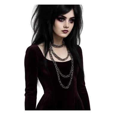 emo girl with velvet dress, silver chains, purple eyeshadow, mysterious and elegant sticker