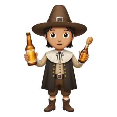 Mexican mandressesd as  pilgram Thanksgiving holding a Turkey drumstick and a bottle beer sticker