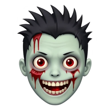 zombie boy with emo spiky hair, white skin, and white eyes; an open smile, and bloodied teeth; sticker
