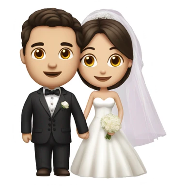 bride with dark brown hair and groom with white suit sticker
