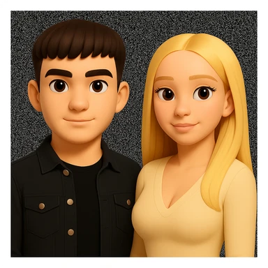 Slightly increase the volume of the upper body of the girl, spread them far apart from each other, make the skin color the same for both characters, while preserving the cartoonish 3D style as in the reference image. sticker