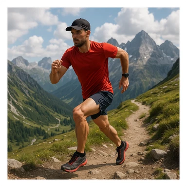 a mountain trail runner in a dynamic pose, outdoors, athletic, scenic background sticker