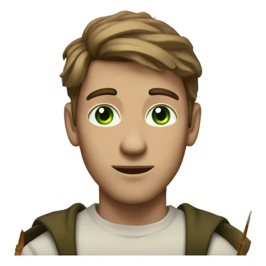 A light-skinned man with piercing green eyes, styled brown hair holding the long white paper scroll sticker