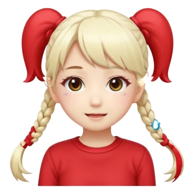 Cute kawaii emoji-style Japanese K-pop girl, long platinum blonde hair in twin tails, red outfit, Japanese K-pop idol vibes, big sparkling eyes, chibi proportions, clean lineart, pastel colors, cheerful idol smile, sticker/emoji style, transparent background sticker