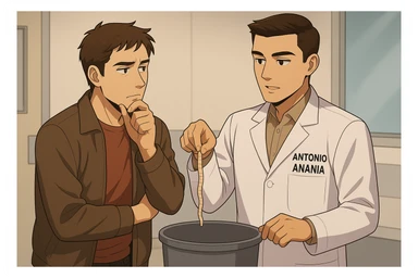 fai un webtoon manga a colori con questo stile, in cui un uomo ascolto il kinesiologo con il camice bianco (fagli anche la scritta "ANTONIO ANANIA" SUL CAMICE, il kinesiologo con il camice lascia cadere un verme lungo e beige chiaro nella spazzatura, IL KINESIOLOGO SPIEGA ALL'UOMO UNA cosa. L'UOMO ha un ESPRESSIONE pensierosa IN VOLTO mentre si tocca il mento con l'indice. non fare i fumetti però, fai solo in modo che sembri stiano parlando sticker