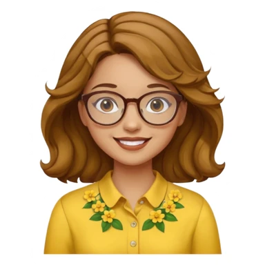 girl with a yellow blouse with flowers, with hair in waves with glasses smiling sticker