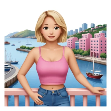 jennifer lawrence, pink crop top, and blue jeans, leaning on a balcony with a harbor and cityscape in the background, smiling sticker