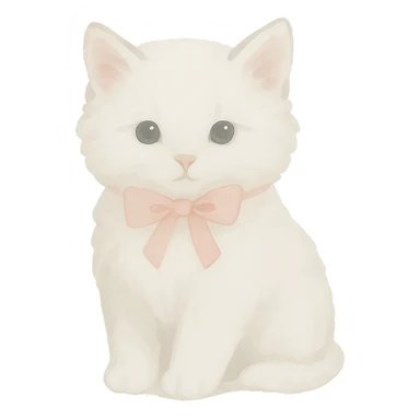 Remove the background, keep only the cute fluffy white kitten with a light pink bow in watercolor art style with transparent background. sticker