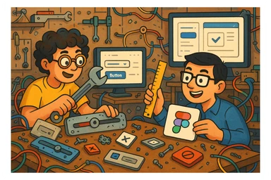 In a clever, chaotic repair lab, two designers (curly hair and short dark hair) are fixing old, messy UI components using a wrench, ruler, and Figma interface elements. The atmosphere is playful and inventive as they transform legacy UI into something modern and beautiful. sticker