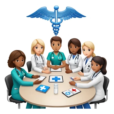 Group of medical professionals sitting around a table in a meeting, with emergency medical symbols sticker