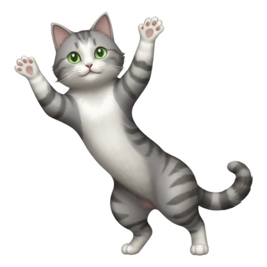 grey and white cat with green eyes doing a big extremely long stretch reaching up into the air with arms and legs side by side together sticker