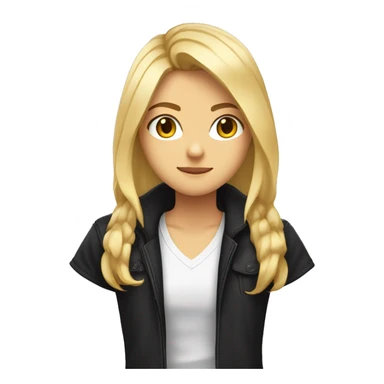 Create an anime-style emoji of a character with shoulder-length blonde hair, a confident expression, and a black jacket over a white t-shirt. Simplify the background and focus on the face and upper body, capturing an intense yet cool look. sticker