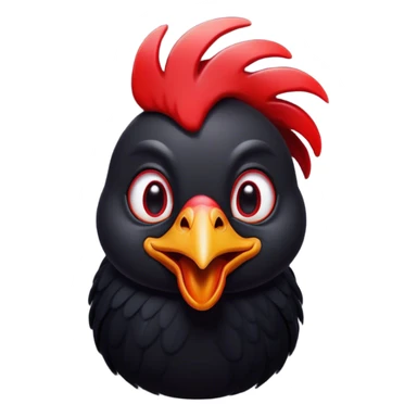 Cinematic Comical Black Chicken Portrait Emoji, Head tilted dramatically with an exaggeratedly amused expression, featuring a sleek, glossy black plumage with a bold red comb, wide, expressive beady eyes filled with playful disbelief, Simplified yet hilariously expressive features, highly detailed, glowing with a slightly sassy glow, high shine, dramatic yet playful, stylized with an air of cheeky mischief, bright and endearing, soft glowing outline, capturing the essence of a spirited and over-the-top chicken, so meme-worthy it feels like it could cluck its way into internet fame instantly! sticker
