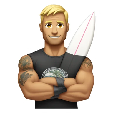 a muscular bicep with a tattoo of a surfboard sticker