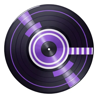 black pixel art vinyl record with a purple and white striped middle label, pixel art, as if you were looking at it from an angle sticker