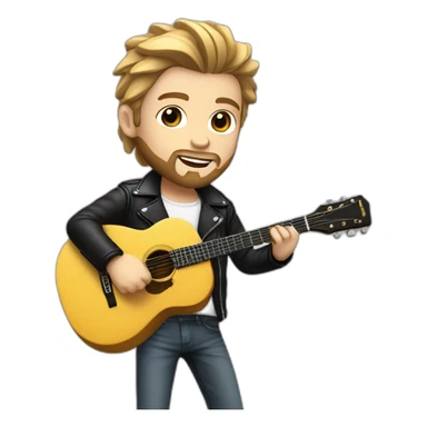 A young man with a fashionable hairstyle and beard, with white skin, dressed in a white shirt and a black leather jacket, plays the guitar sticker