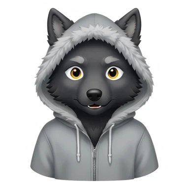 black wolf in a hoody that says “MAIR” sticker