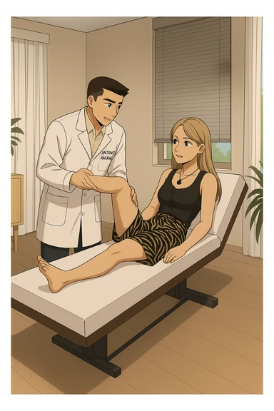 fai un webtoon/manga a colori con questo kinesiologo in camice bianco (fagli la scritta "ANTONIO ANANIA" SUL CAMICE) CHE SVOLGE UN TEST NEUROMUSCOLARE SOLLEVANDO UNA GAMBA ALLA RAGAZZA CHE è STESA SU UN LETTINO BIANCO. STANZA SEMPLICE E MODERNA, DURANTE IL TEST I DUE DIALOGANO TRA LORO. NON FARE I FUMETTI, FAI SOLO LORO COME SE DIALOGASSERO sticker