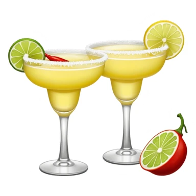 2 margarita cocktails. one is the classic margarita: yellowy with salt on the rim and a lemon. the other one is a spicy margarita: slightly more red color with a small red chili pepper instead of a lemon on the rim  sticker