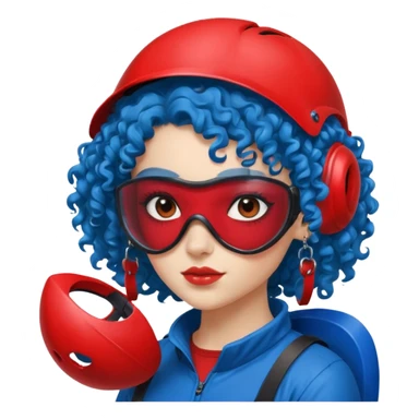 blue curly haired girl with huge earrings wearing red paintball helmet with eye protection, only face  sticker