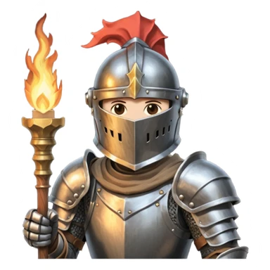 knight holding a short wooden torch in hand wearing darker, realistic iron armor, and a closed helmet hidden eyes in dark souls style sticker