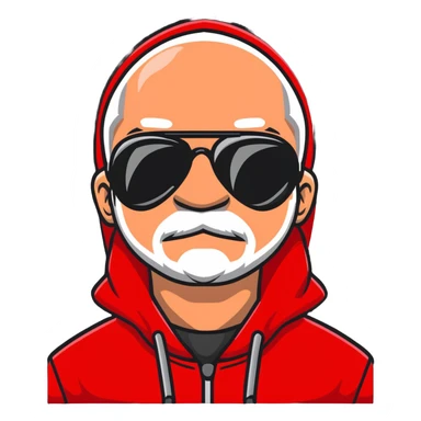 middle-aged man with minor hair growth on upper lip, black aviator sunglasses, red hoodie with hood covering head sticker