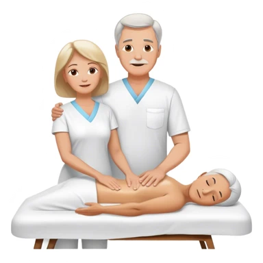 60-year-old white man dressed in white tunic giving massage to a 60-year-old white woman sticker