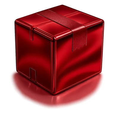 Add a specular layer with color #C31F3F to the chrome package box, keeping the metallic, shiny, modern look, and preserving the original shape and tape details. sticker