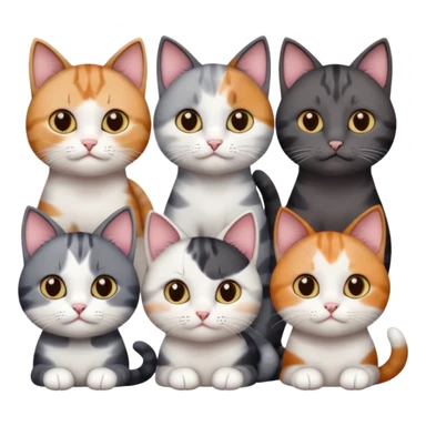 5 different coloured short haired cats including; a dark brown and white cat, and a dark grey and white, and a calico sticker