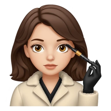 Garota branca de cabelos levemente ondulados castanhos escuros médio aplicando máscara de cílios, ela veste casaco off white estilo cozy sticker