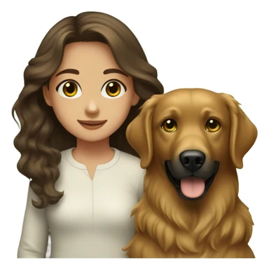 Girl with brown hair and green brown eyes next to a black golden retriever sticker