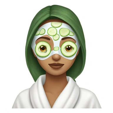 Girl with freackles Brown hair white skin and blue eyes wears Green colored texture skin care mask while She relaxes and puts two round piece of cucumber on her closed eyes In a white Robe sticker