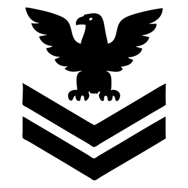 U.S. Navy E-2 insignia, stylized gold eagle and two chevrons, navy blue background, flat icon sticker